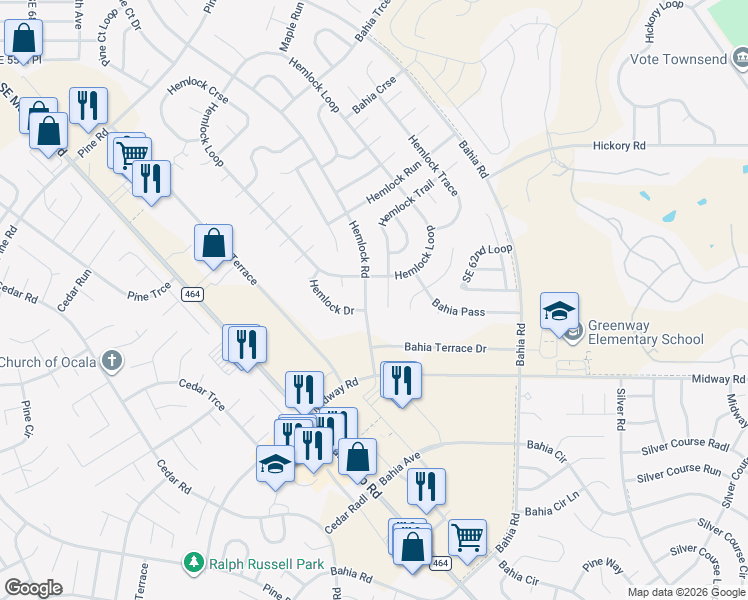 map of restaurants, bars, coffee shops, grocery stores, and more near 7485 Hemlock Road in Ocala