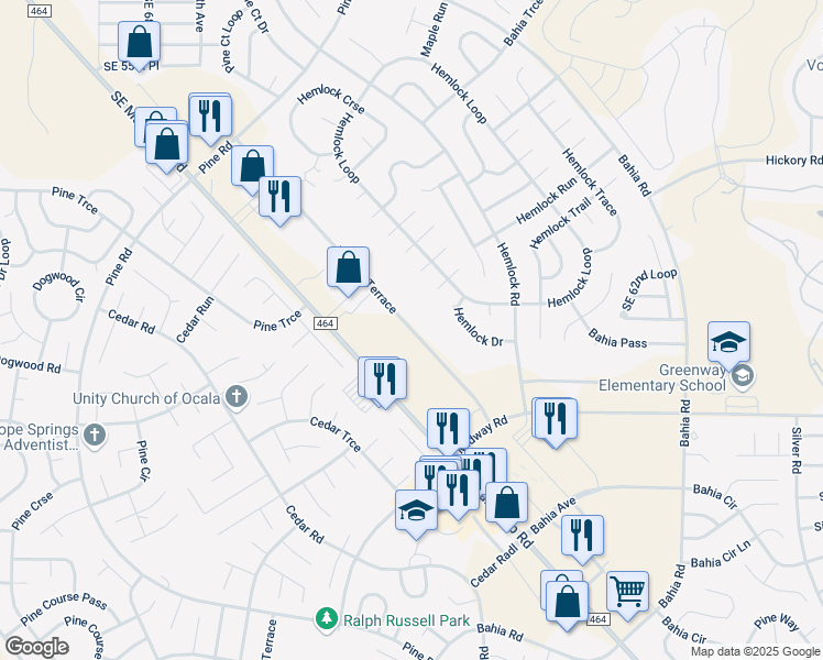map of restaurants, bars, coffee shops, grocery stores, and more near 7383 Midway Terrace in Ocala