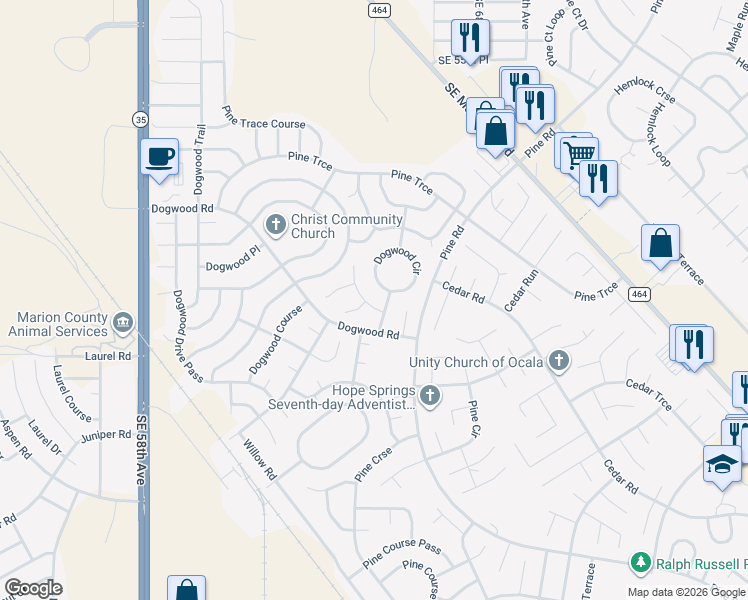 map of restaurants, bars, coffee shops, grocery stores, and more near 4 Dogwood Circle Pass in Ocala