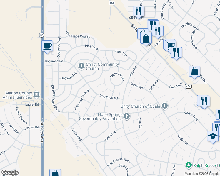 map of restaurants, bars, coffee shops, grocery stores, and more near 4 Dogwood Circle Pass in Ocala