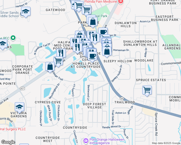 map of restaurants, bars, coffee shops, grocery stores, and more near 940 Village Trail in Port Orange