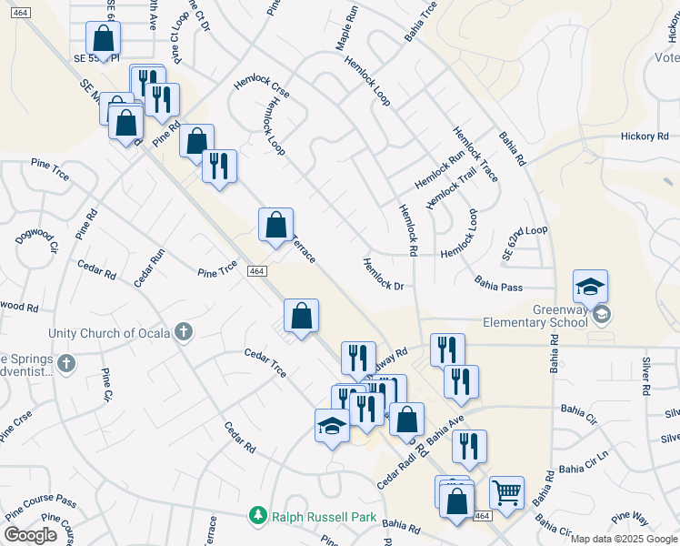 map of restaurants, bars, coffee shops, grocery stores, and more near 7383 Midway Terrace in Ocala
