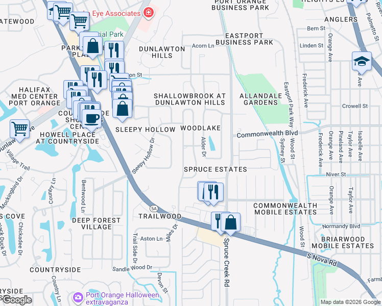 map of restaurants, bars, coffee shops, grocery stores, and more near 4585 Miles Drive in Port Orange