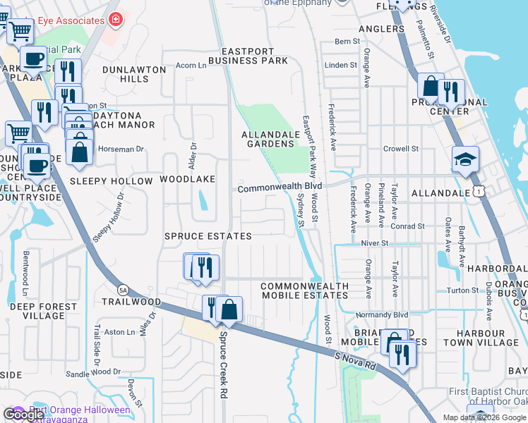 map of restaurants, bars, coffee shops, grocery stores, and more near 52 Windward Court in Port Orange