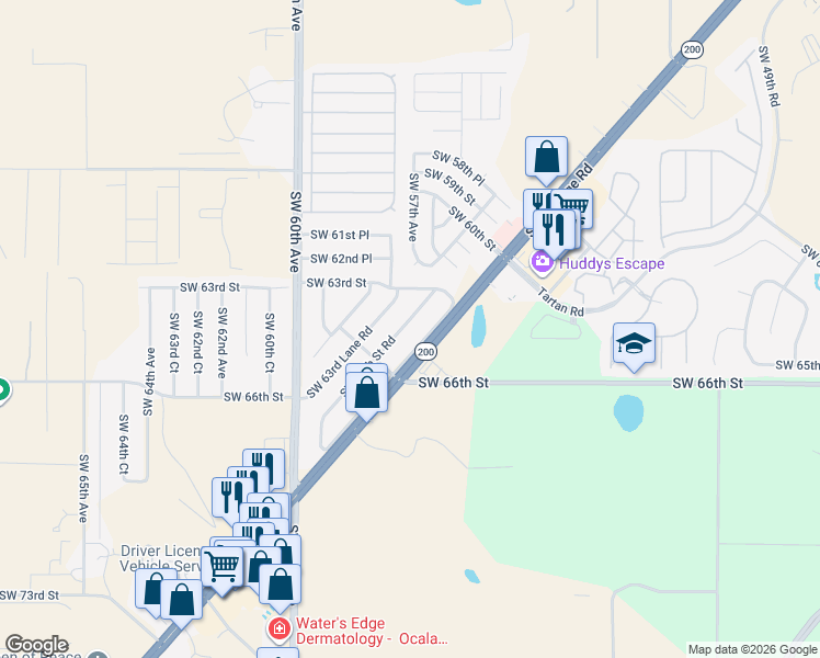 map of restaurants, bars, coffee shops, grocery stores, and more near 5671 Southwest 64th Lane Road in Ocala
