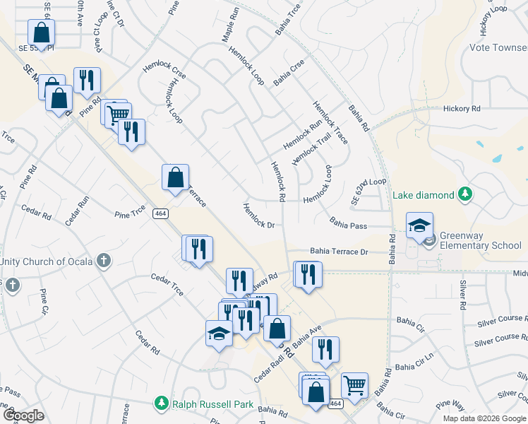 map of restaurants, bars, coffee shops, grocery stores, and more near 67 Hemlock Drive in Ocala