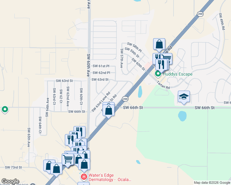 map of restaurants, bars, coffee shops, grocery stores, and more near 5751 Southwest 64th Street Road in Ocala