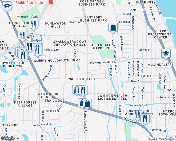 map of restaurants, bars, coffee shops, grocery stores, and more near 4665 Spruce Creek Road in Port Orange