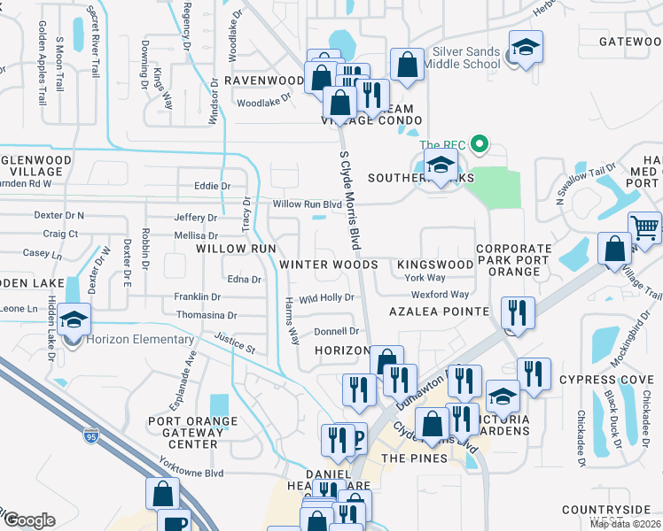 map of restaurants, bars, coffee shops, grocery stores, and more near 1112 Morgan Road in Port Orange