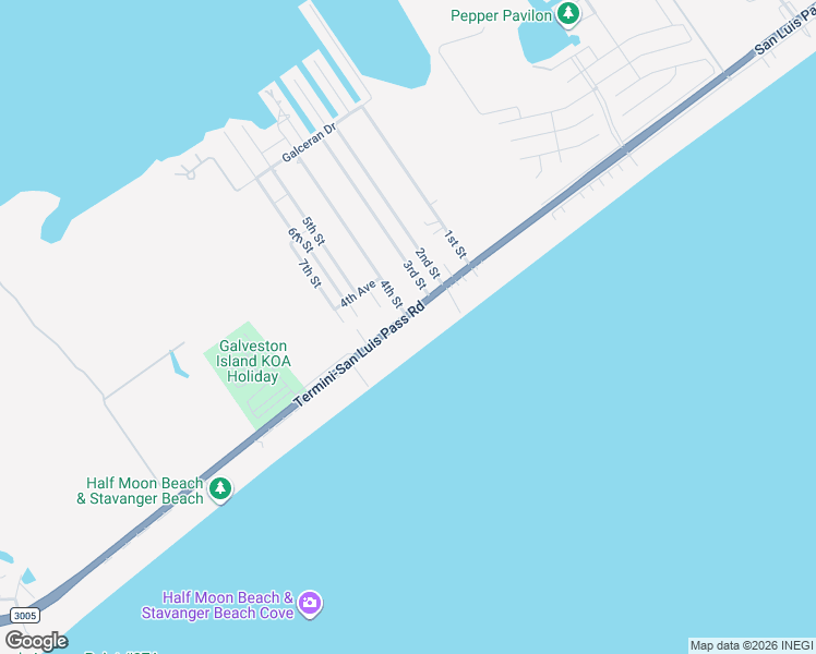 map of restaurants, bars, coffee shops, grocery stores, and more near 23403 Termini-San Luis Pass Road in Galveston