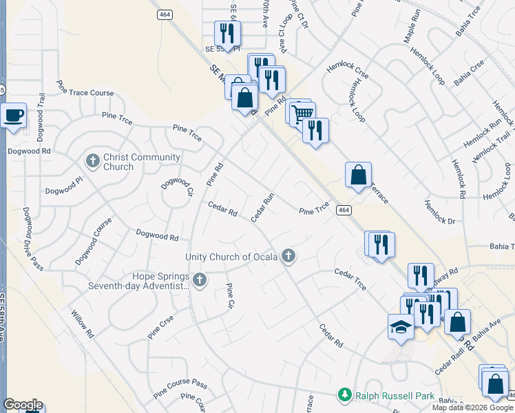 map of restaurants, bars, coffee shops, grocery stores, and more near 3 Cedar Run in Ocala