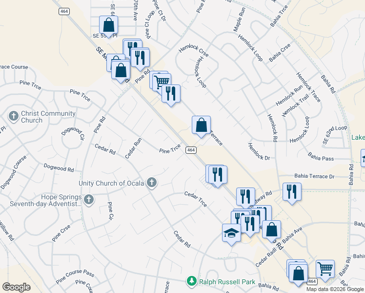 map of restaurants, bars, coffee shops, grocery stores, and more near 4 Pine Trace Lane in Ocala