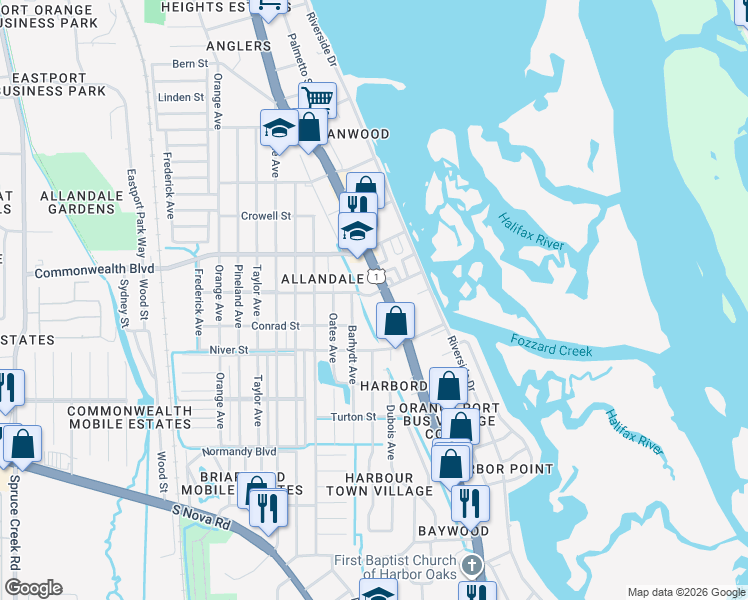 map of restaurants, bars, coffee shops, grocery stores, and more near 5336 South Ridgewood Avenue in Port Orange