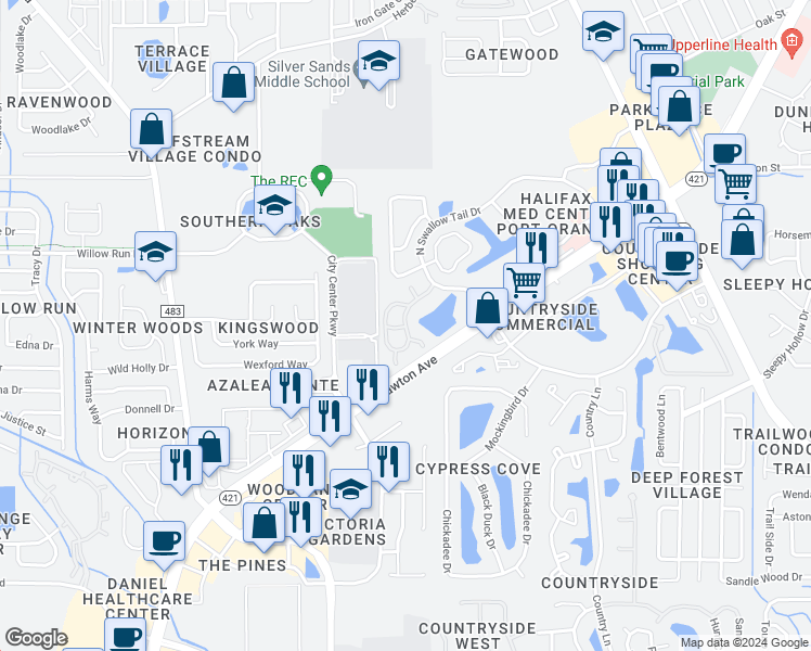 map of restaurants, bars, coffee shops, grocery stores, and more near 1010 North Swallow Tail Drive in Port Orange