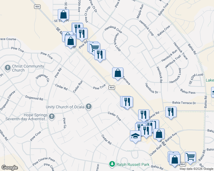 map of restaurants, bars, coffee shops, grocery stores, and more near 4 Pine Trace Lane in Ocala