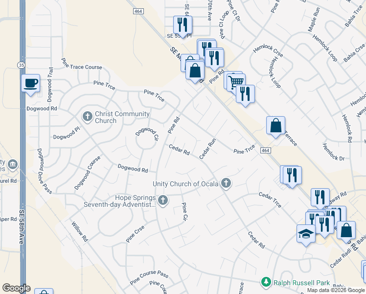 map of restaurants, bars, coffee shops, grocery stores, and more near 134 Cedar Road in Ocala