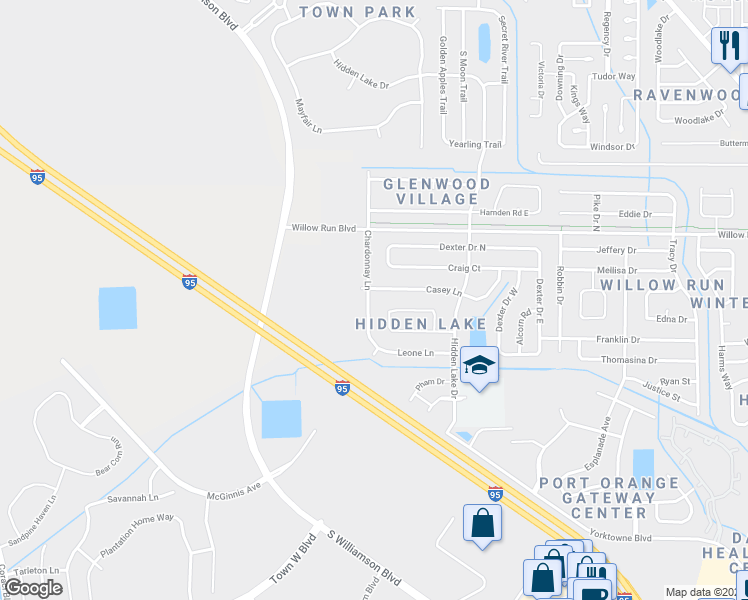 map of restaurants, bars, coffee shops, grocery stores, and more near 4721 Chardonnay Lane in Port Orange