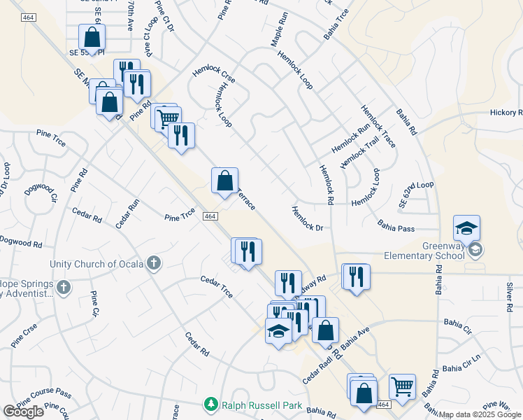 map of restaurants, bars, coffee shops, grocery stores, and more near 7347 Midway Terrace in Ocala