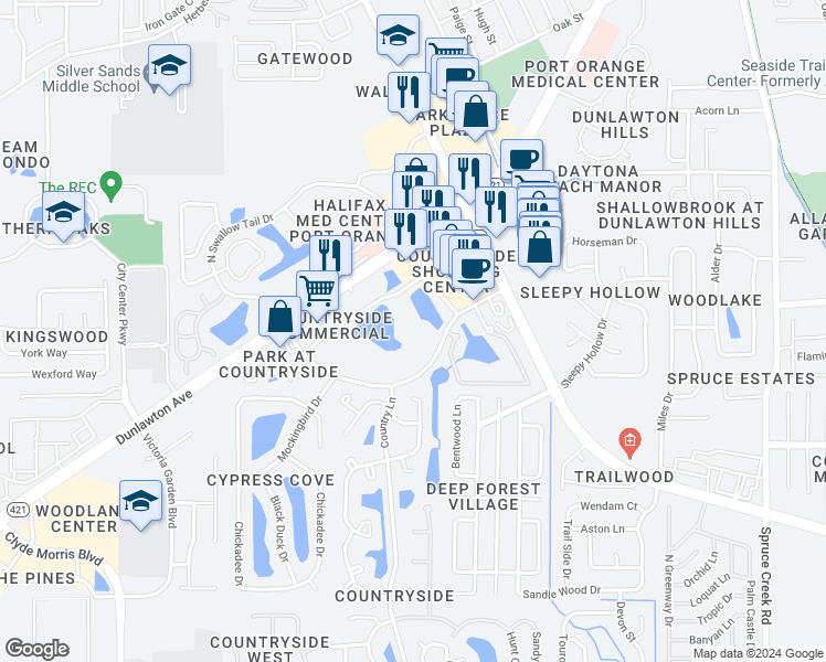 map of restaurants, bars, coffee shops, grocery stores, and more near 941 Village Trail in Port Orange