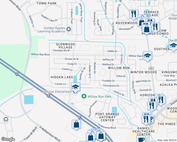 map of restaurants, bars, coffee shops, grocery stores, and more near 1364 Dexter Drive East in Port Orange