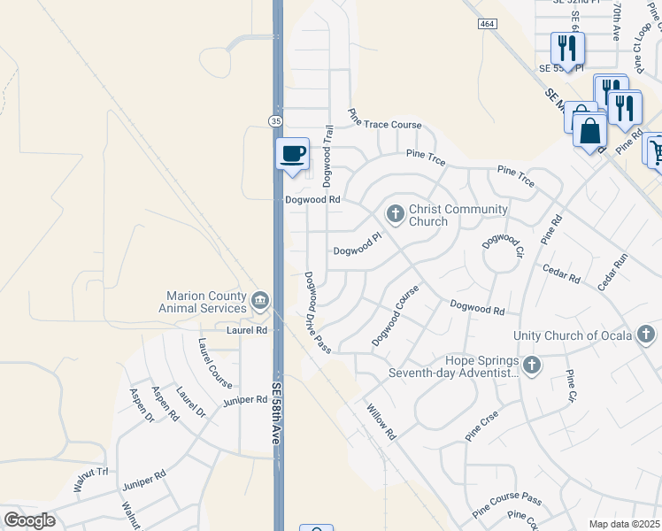 map of restaurants, bars, coffee shops, grocery stores, and more near 3 Dogwood Drive Circle in Ocala