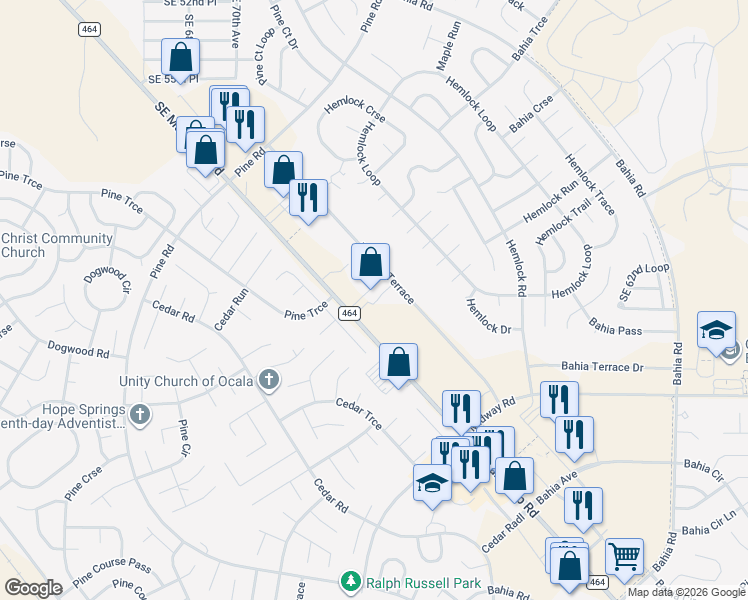 map of restaurants, bars, coffee shops, grocery stores, and more near 7297 Southeast Maricamp Road in Ocala