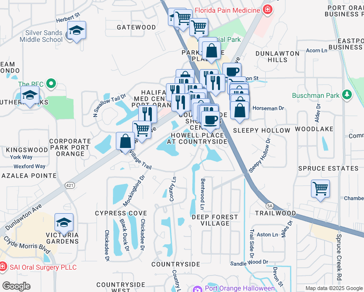 map of restaurants, bars, coffee shops, grocery stores, and more near 941 Village Trail in Port Orange