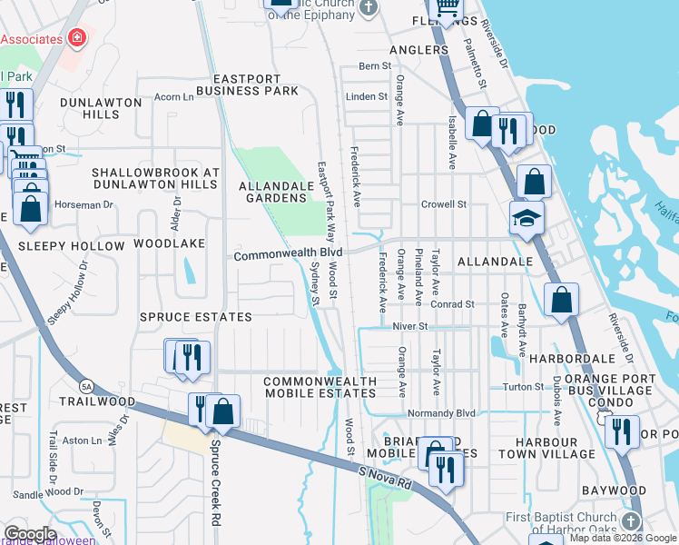 map of restaurants, bars, coffee shops, grocery stores, and more near 5206 Wood Street in Port Orange