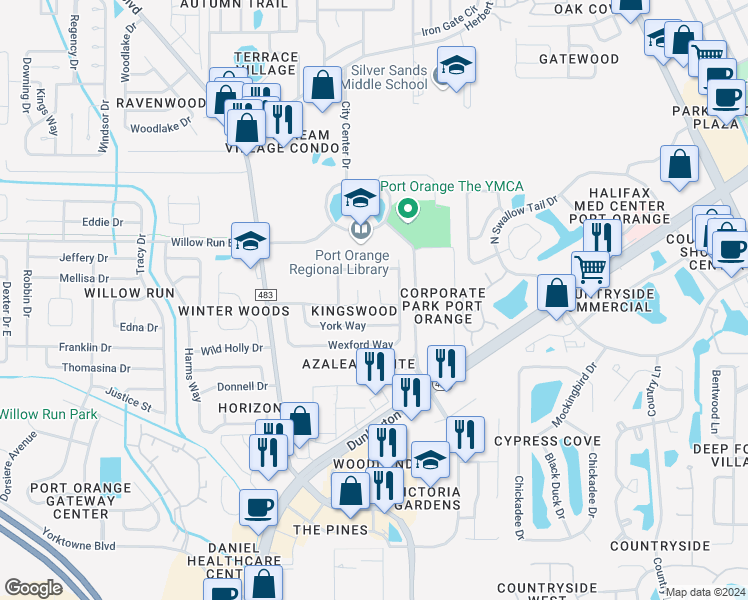 map of restaurants, bars, coffee shops, grocery stores, and more near 1056 Kimberly Court in Port Orange