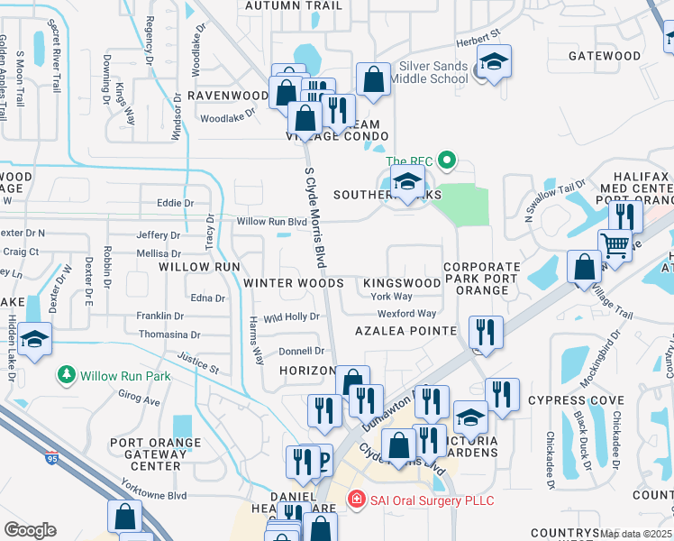 map of restaurants, bars, coffee shops, grocery stores, and more near 4705 South Clyde Morris Boulevard in Port Orange