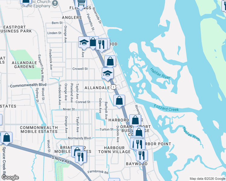 map of restaurants, bars, coffee shops, grocery stores, and more near 5277 South Ridgewood Avenue in Port Orange