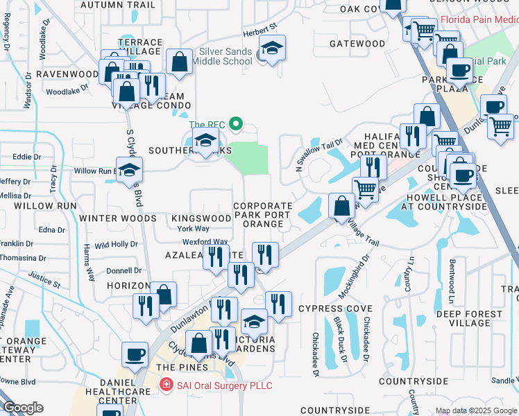 map of restaurants, bars, coffee shops, grocery stores, and more near 4777 City Center Parkway in Port Orange