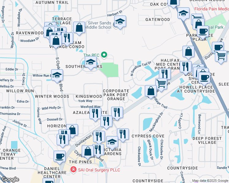 map of restaurants, bars, coffee shops, grocery stores, and more near 4777 City Center Parkway in Port Orange