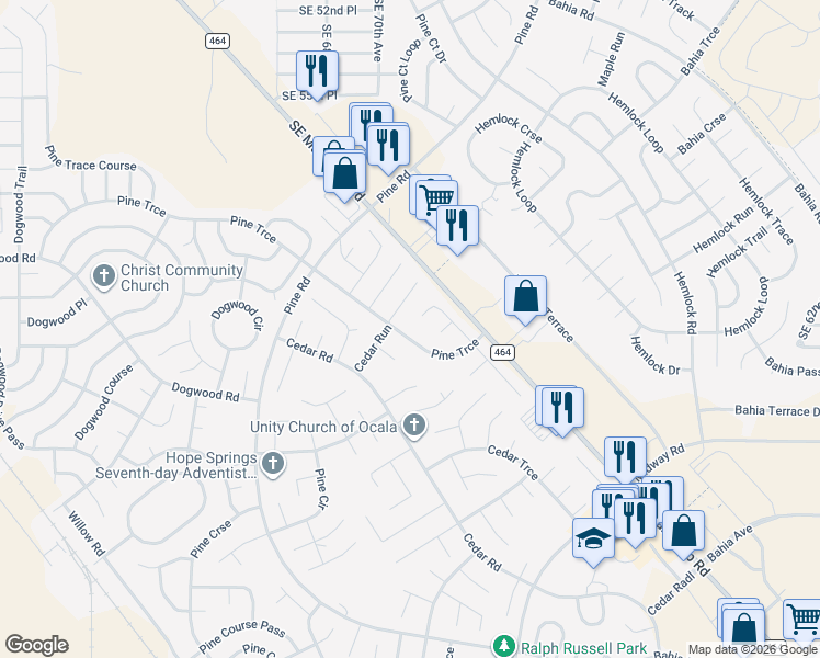 map of restaurants, bars, coffee shops, grocery stores, and more near 2 Pine Trace Drive in Ocala