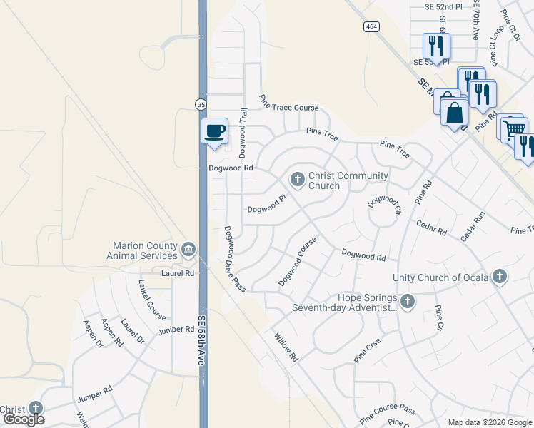 map of restaurants, bars, coffee shops, grocery stores, and more near 17 Dogwood Place in Ocala