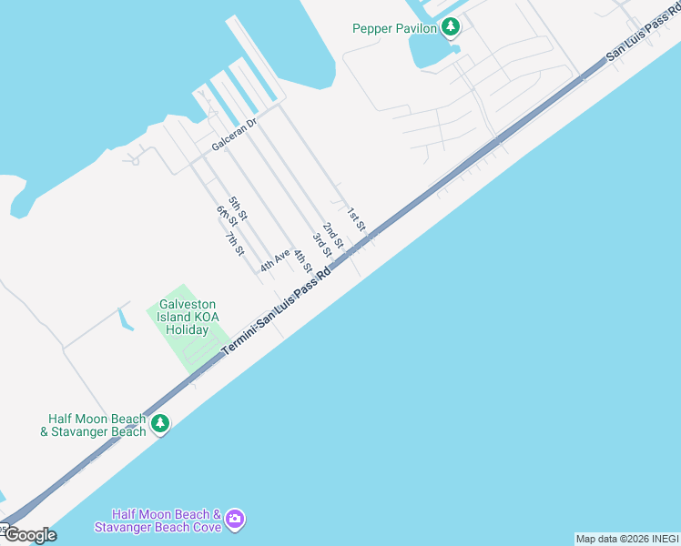 map of restaurants, bars, coffee shops, grocery stores, and more near 23245 Termini-San Luis Pass Road in Galveston