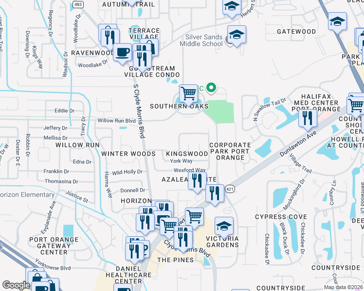 map of restaurants, bars, coffee shops, grocery stores, and more near 1073 Kingswood Way in Port Orange