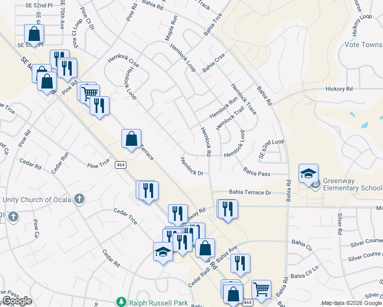map of restaurants, bars, coffee shops, grocery stores, and more near 32 Hemlock Court Pass in Ocala