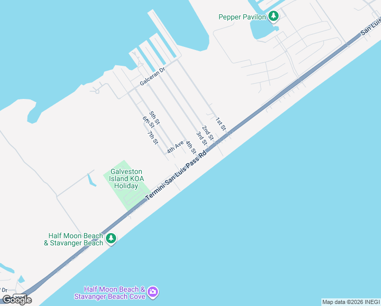 map of restaurants, bars, coffee shops, grocery stores, and more near 4126 5th Street in Galveston