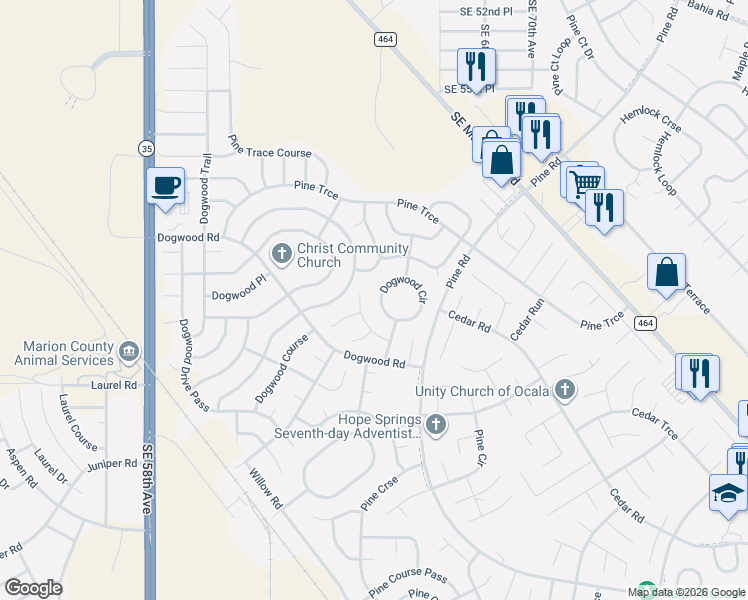 map of restaurants, bars, coffee shops, grocery stores, and more near 127 Dogwood Circle in Ocala