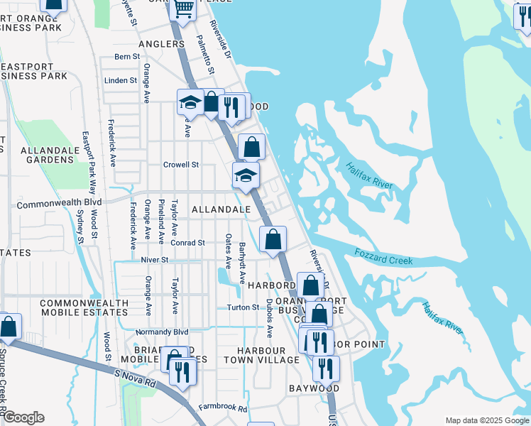 map of restaurants, bars, coffee shops, grocery stores, and more near 5293 South Ridgewood Avenue in Port Orange