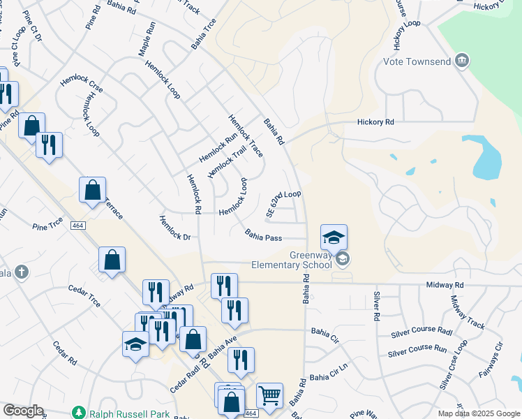 map of restaurants, bars, coffee shops, grocery stores, and more near 8 Bahia Pass Run in Ocala