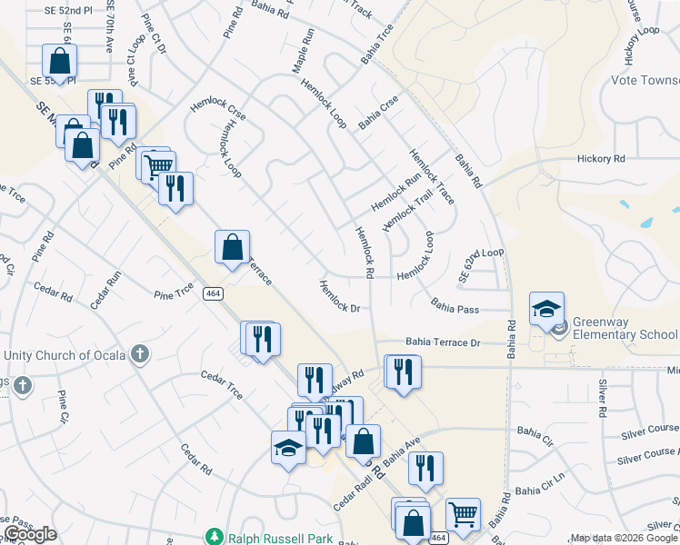 map of restaurants, bars, coffee shops, grocery stores, and more near 32 Hemlock Court Pass in Ocala