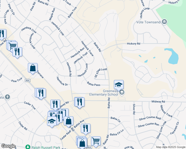 map of restaurants, bars, coffee shops, grocery stores, and more near 8 Bahia Pass Run in Ocala