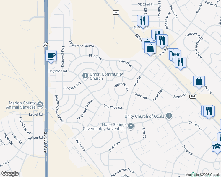 map of restaurants, bars, coffee shops, grocery stores, and more near 127 Dogwood Circle in Ocala
