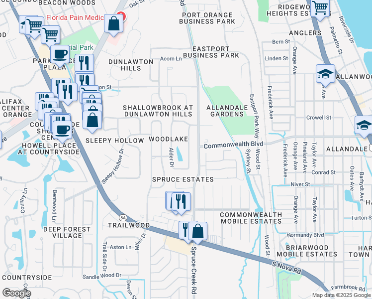 map of restaurants, bars, coffee shops, grocery stores, and more near 4574 Woodcove Dr in Port Orange