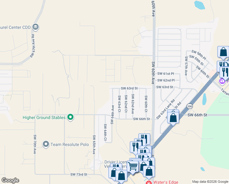map of restaurants, bars, coffee shops, grocery stores, and more near 6335 Southwest 64th Avenue in Ocala