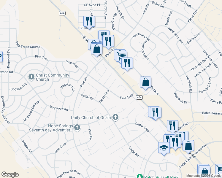 map of restaurants, bars, coffee shops, grocery stores, and more near 2 Pine Trace Dr in Ocala