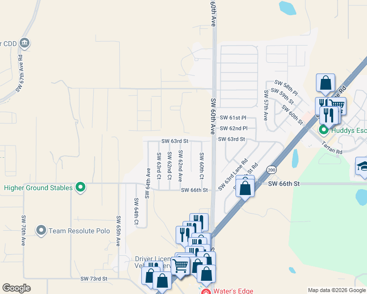 map of restaurants, bars, coffee shops, grocery stores, and more near 6323 SW 62nd Ave in Ocala