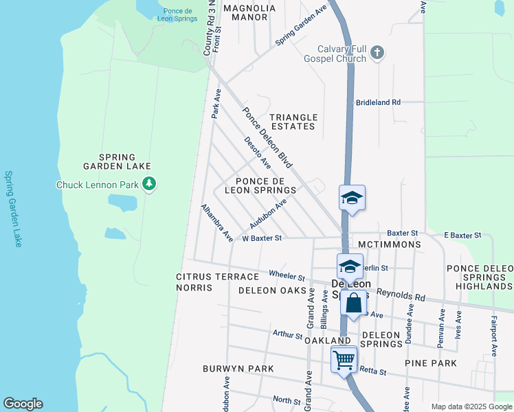 map of restaurants, bars, coffee shops, grocery stores, and more near 314 Quebec Avenue in De Leon Springs